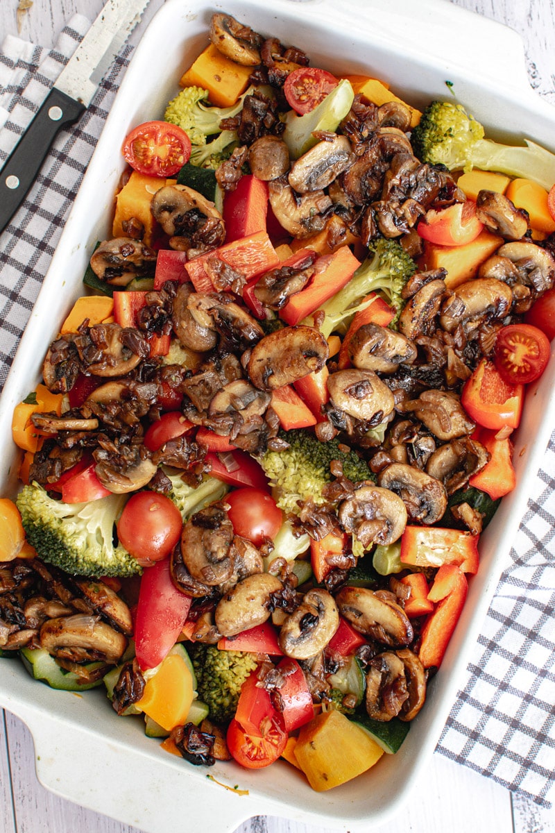 pan of roasted veggies without cheese sauce