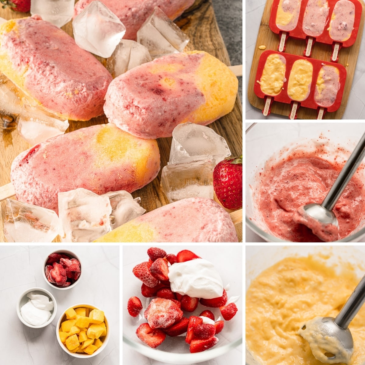 how to make vegan strawberry mango popsicles collage