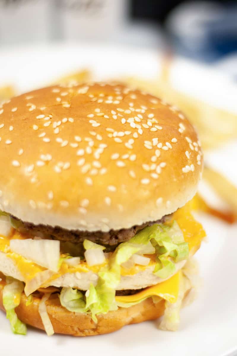 close up burger with vegan Big Mac sauce