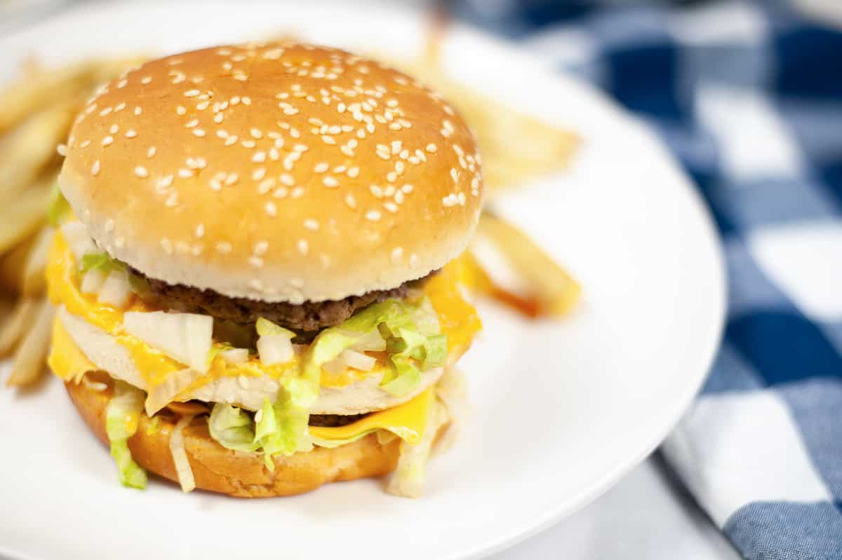 burger with vegan Big Mac sauce on a plate