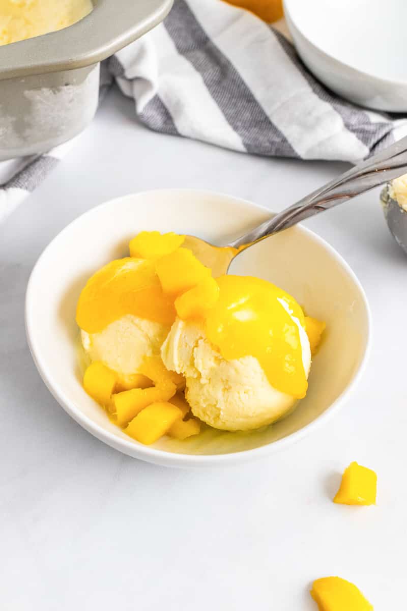 bowl of vegan mango ice cream with puree on top