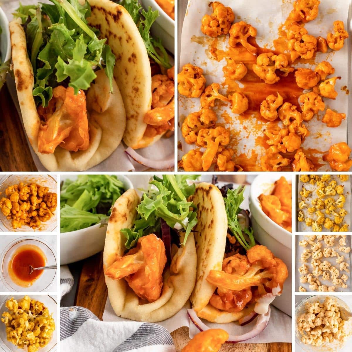 how to make buffalo cauliflower wraps collage