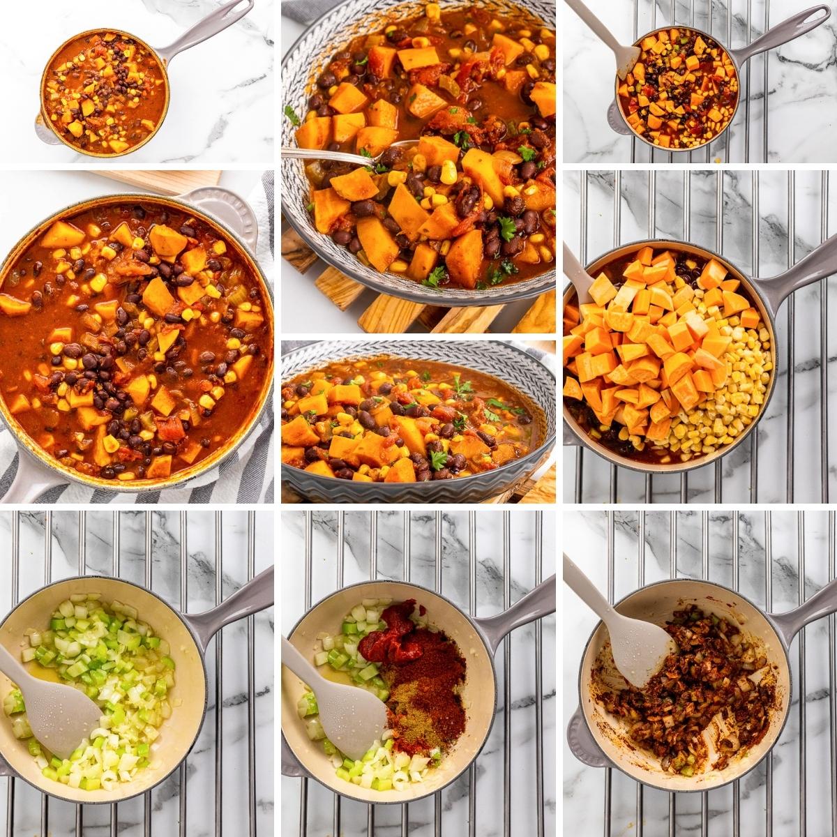 how to make sweet potato black bean chili collage