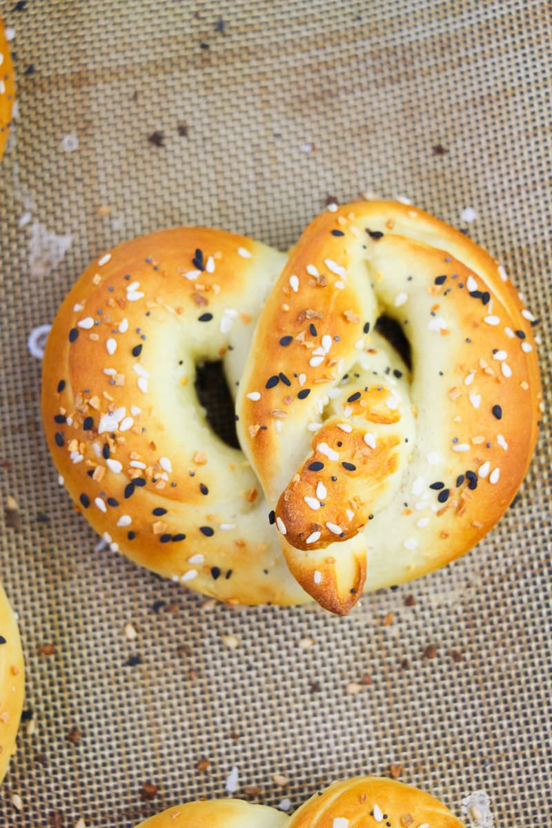 close up of vegan soft pretzel on baking sheet