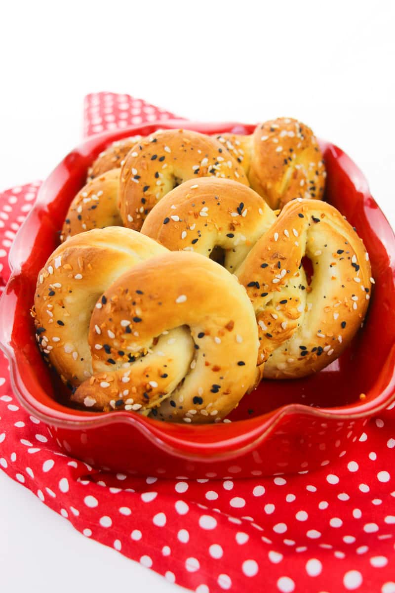 red bowl of vegan soft pretzels