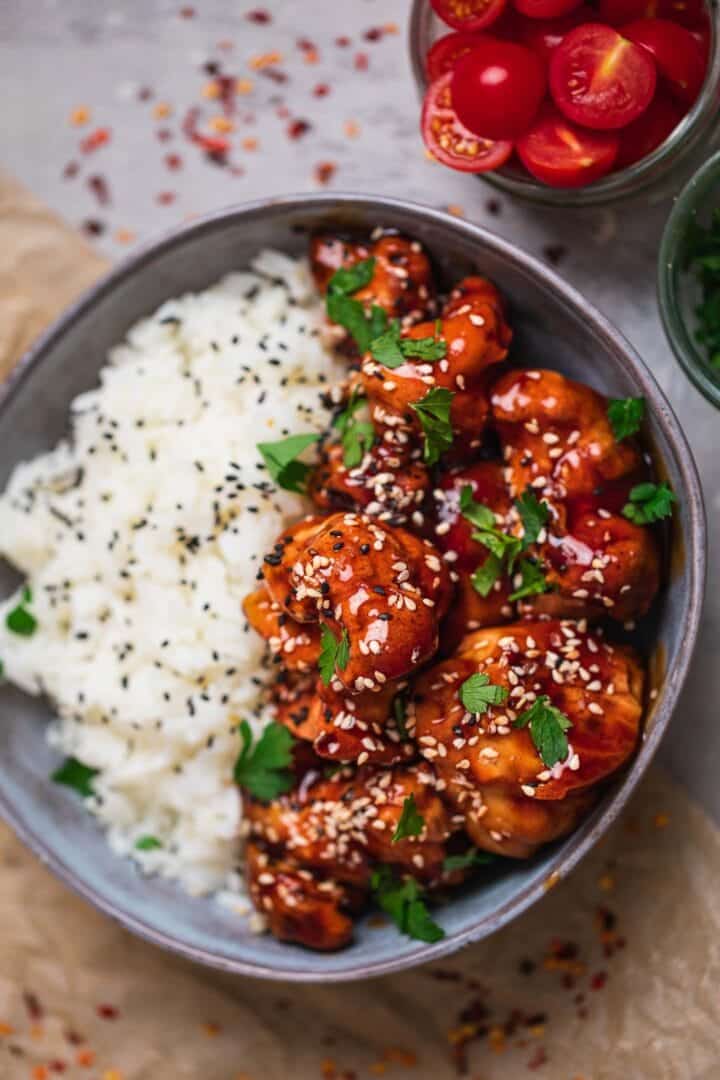 Bowl of rice with cauliflower in a sesame sauce