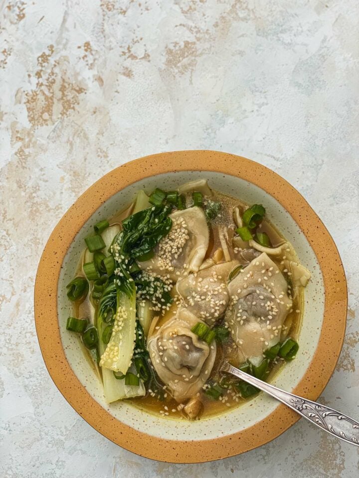 Bowl of wonton soup with Pak Choi