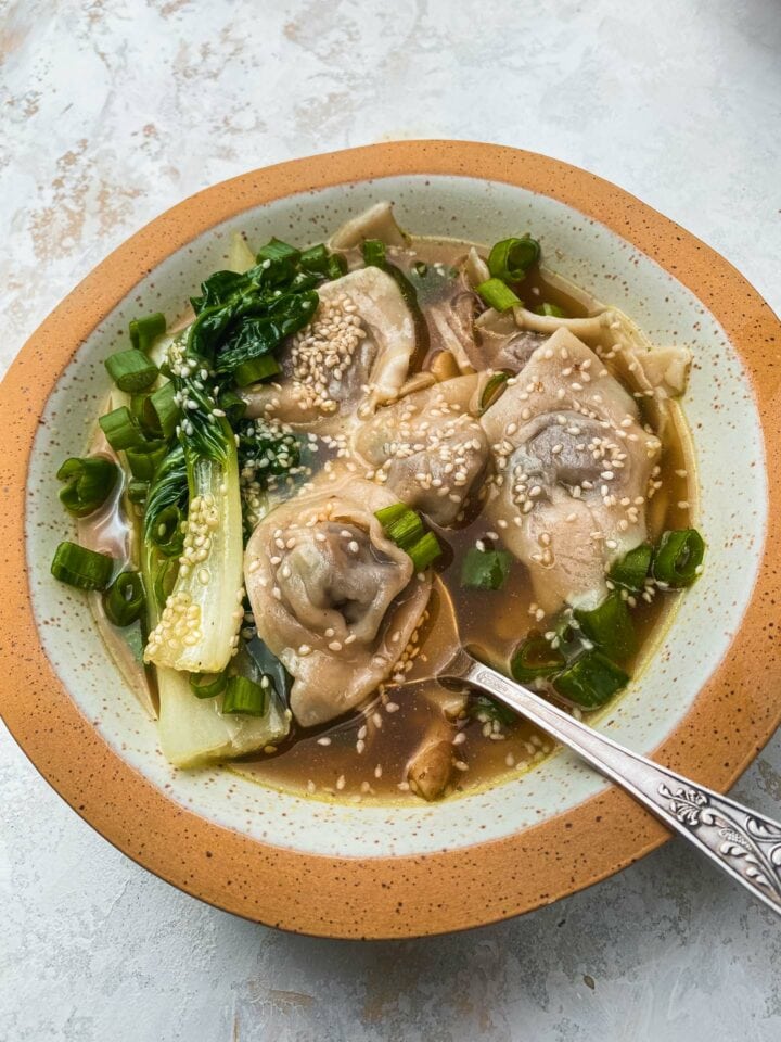 Bowl of vegetarian wontons in a homemade vegetable stock