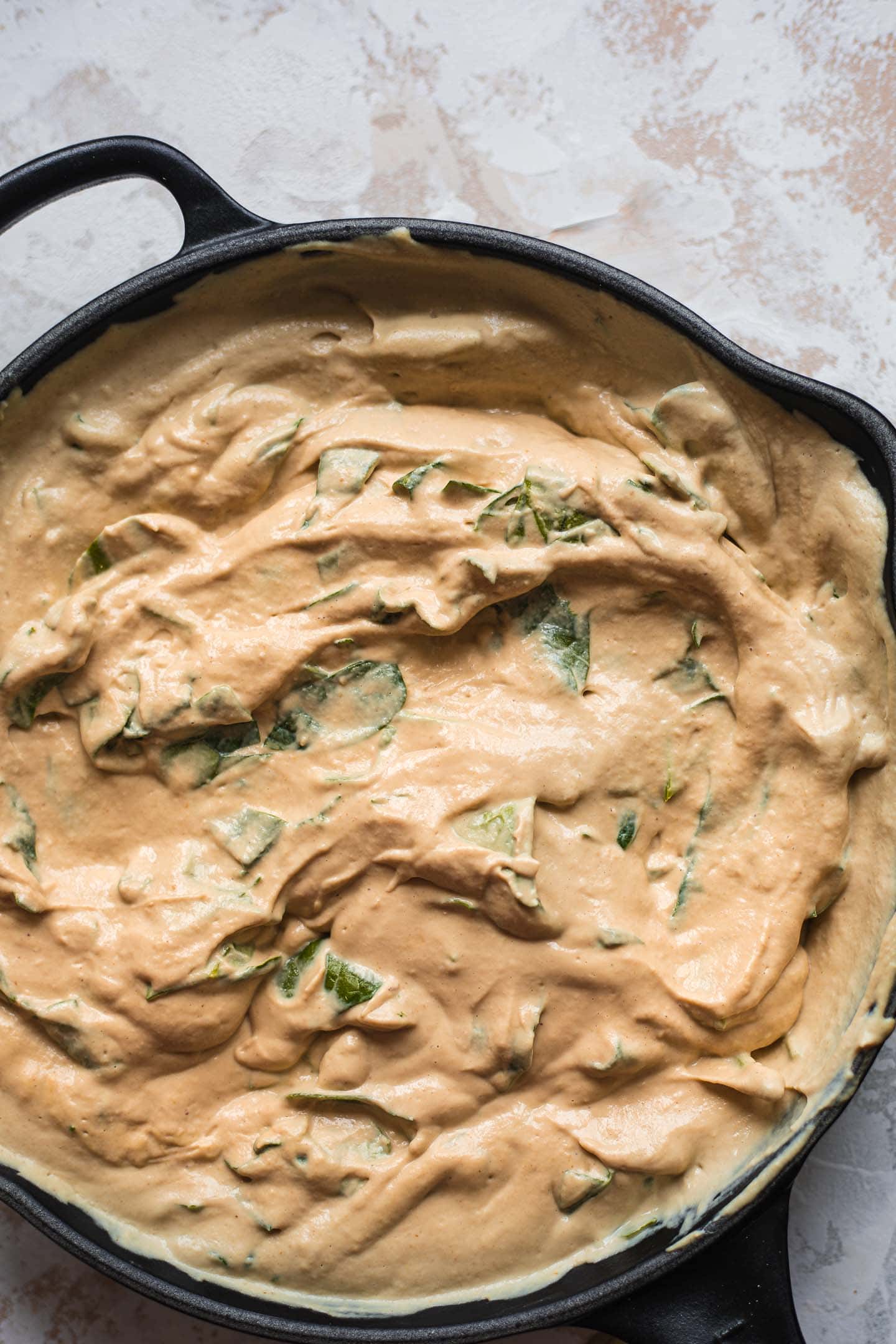 Cast iron skillet with a vegan cashew dip