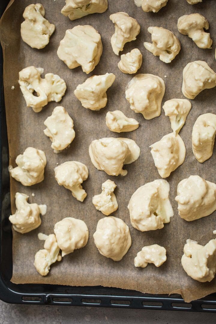 Cauliflower wings on a baking tray