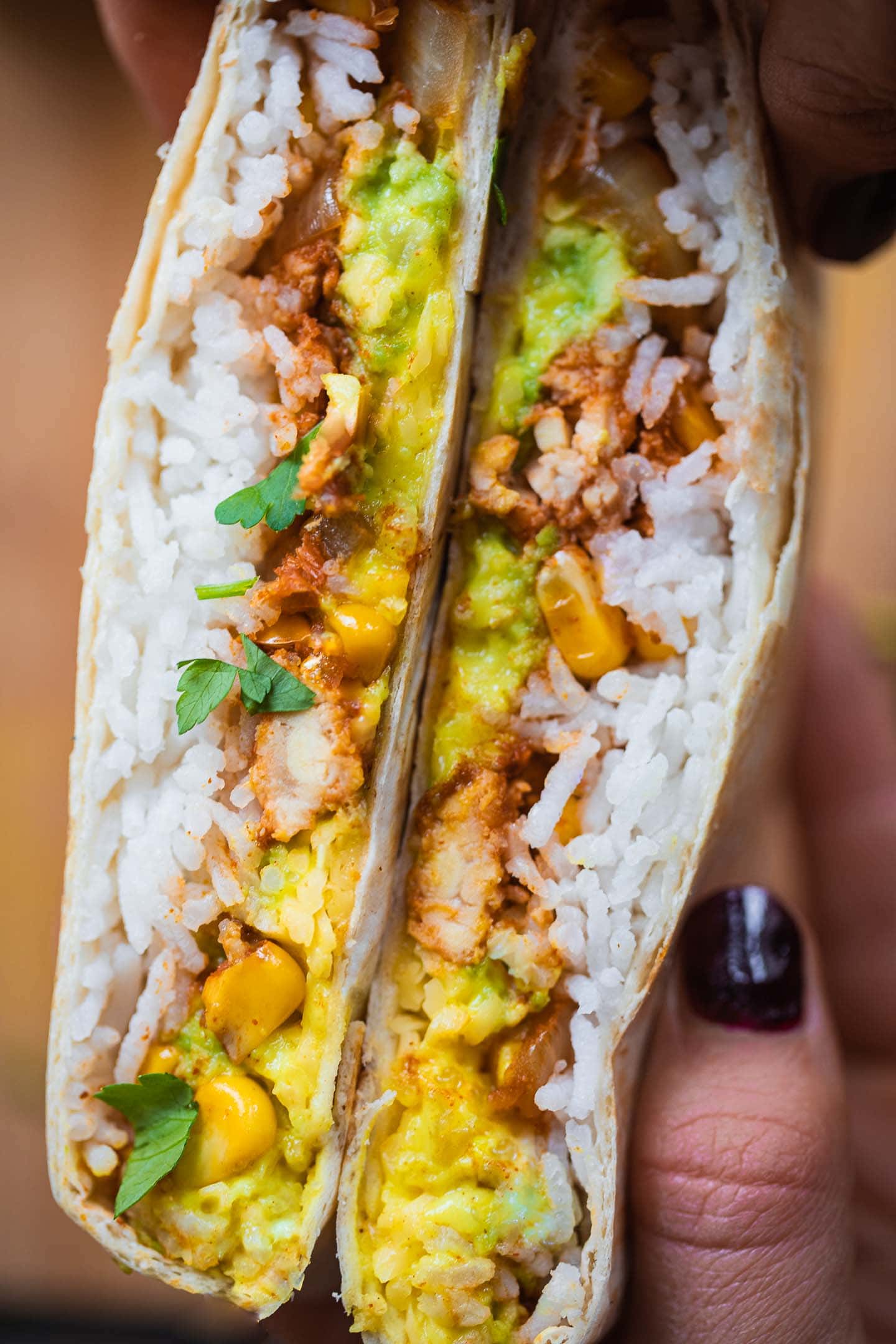 Closeup of a Crunchwrap with tempeh