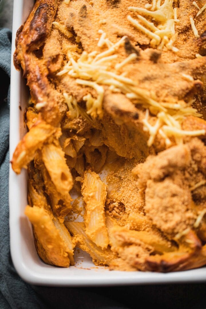 Closeup of dairy-free mac and cheese in a baking dish