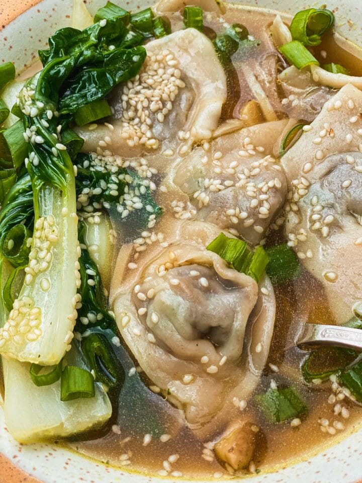 Closeup of vegan wonton soup with Pak Choi