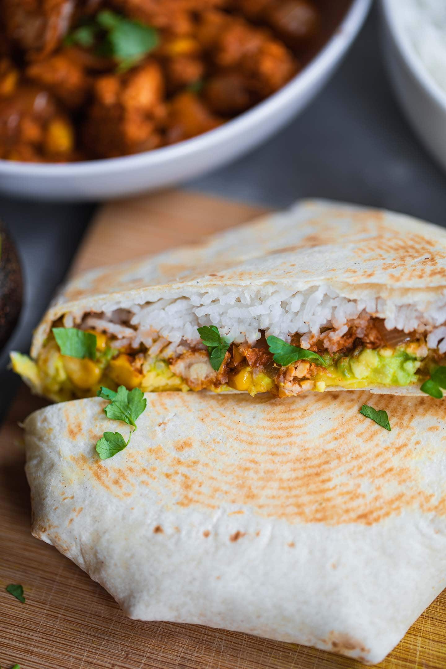 Crunchwrap with tempeh on a wooden board