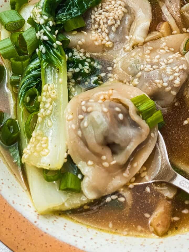 Homemade mushroom wonton on a spoon