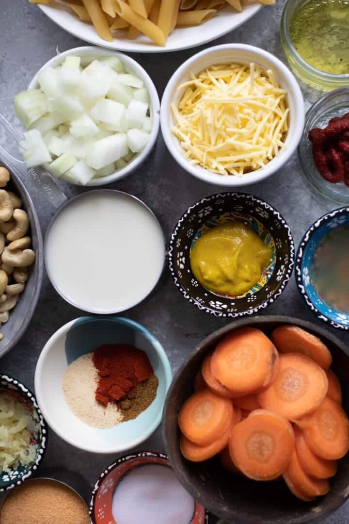 Ingredients for baked vegan mac and cheese