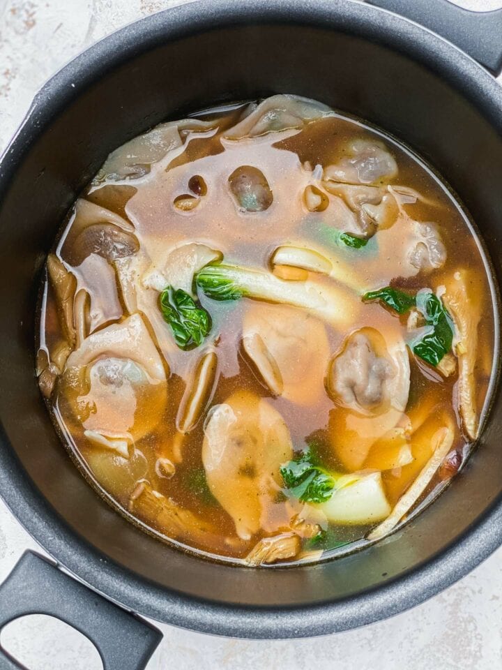 Large pan with homemade vegan wontons