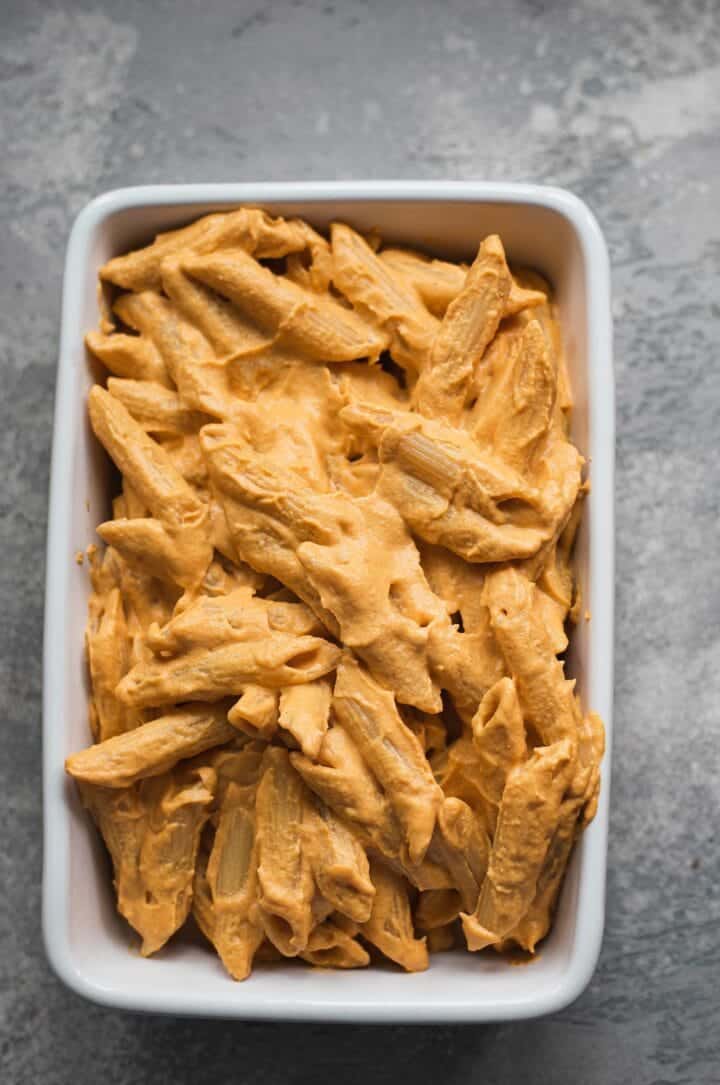 Pasta in a cheesy sauce in a baking dish