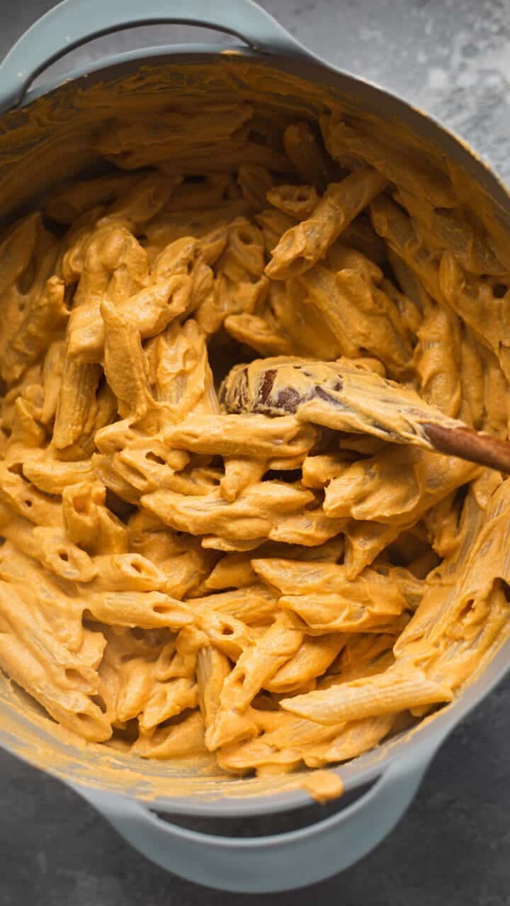 Pasta with a cheesy sauce in a mixing bowl