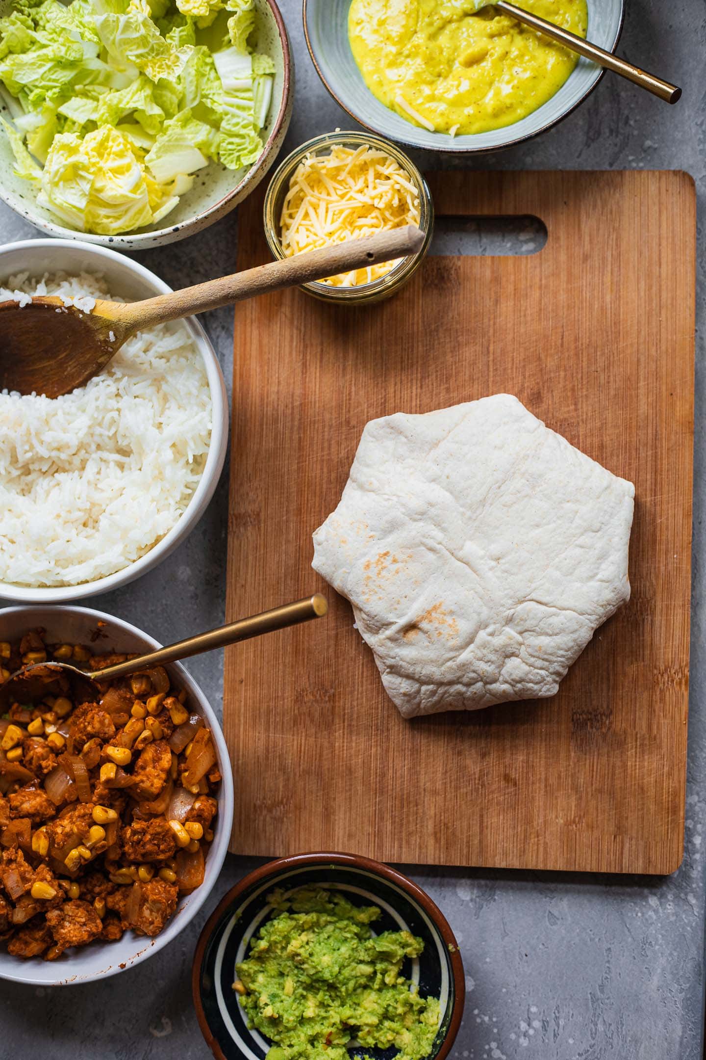 Vegan Crunchwrap on a wooden board