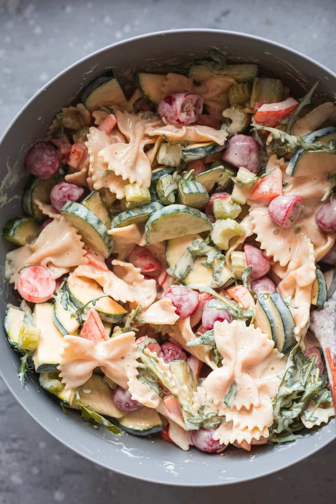 vegan pasta salad with creamy silken tofu dressing