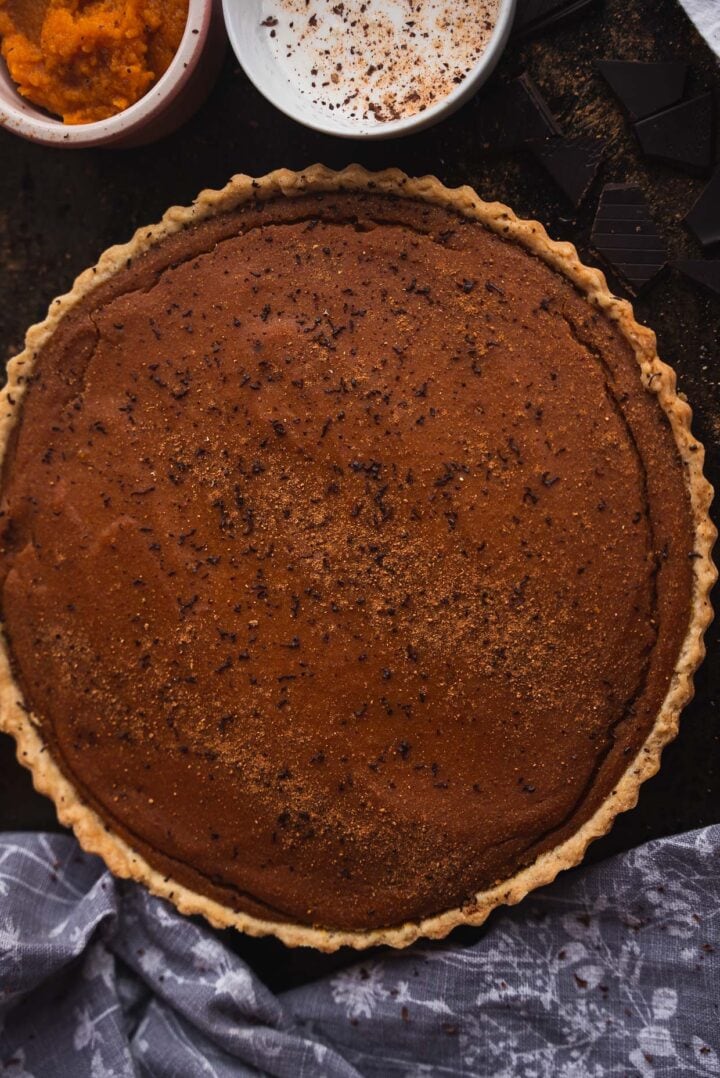 Vegan pumpkin pie on a baking tray