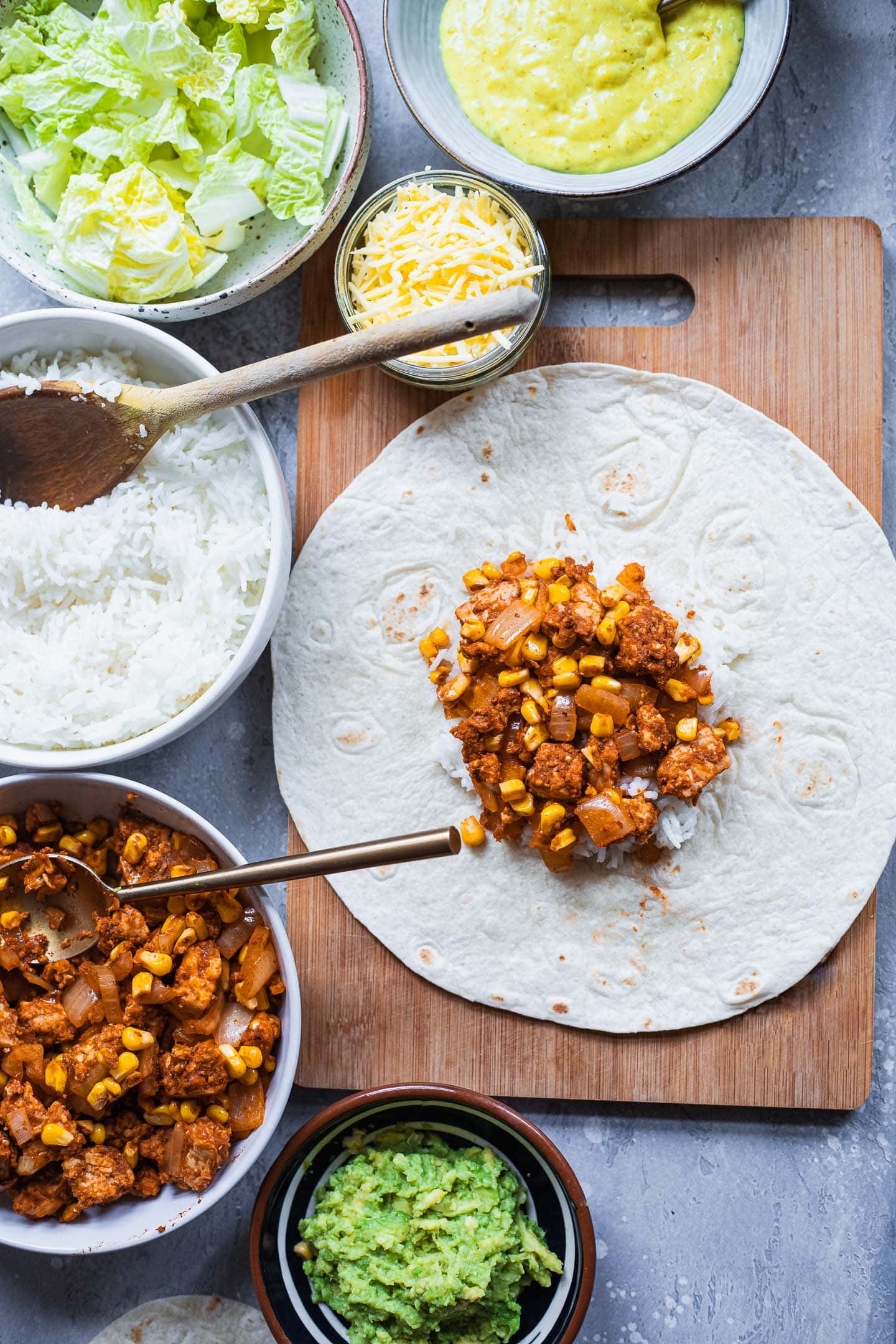 Vegan wrap with tempeh and rice