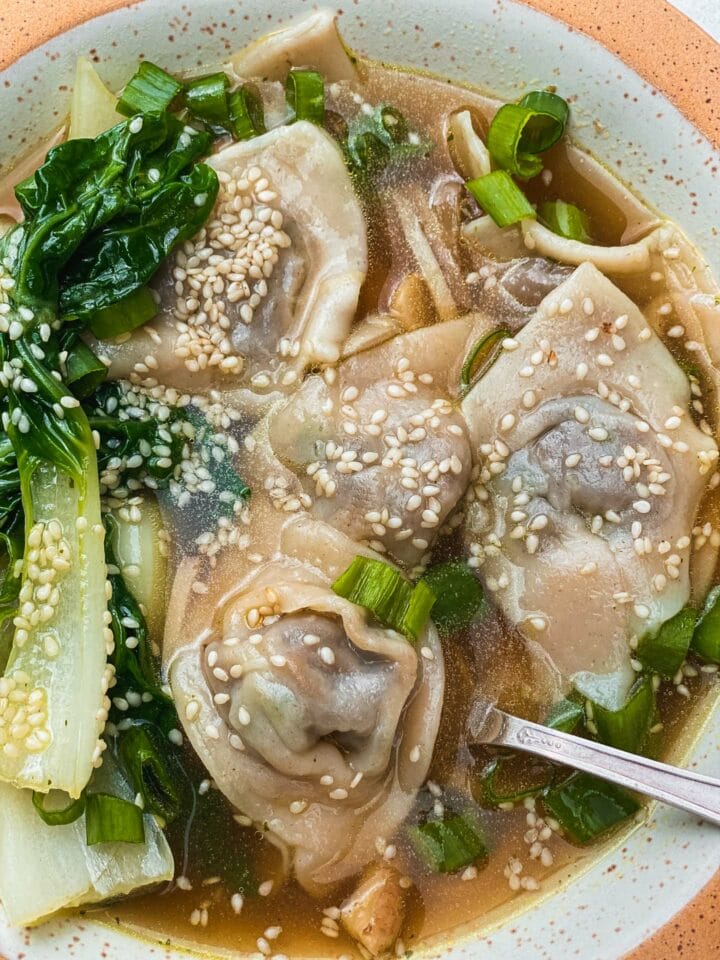 Vegan wonton soup with Pak Choi