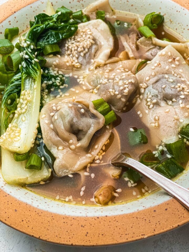 Vegetarian wonton soup with Pak Choi