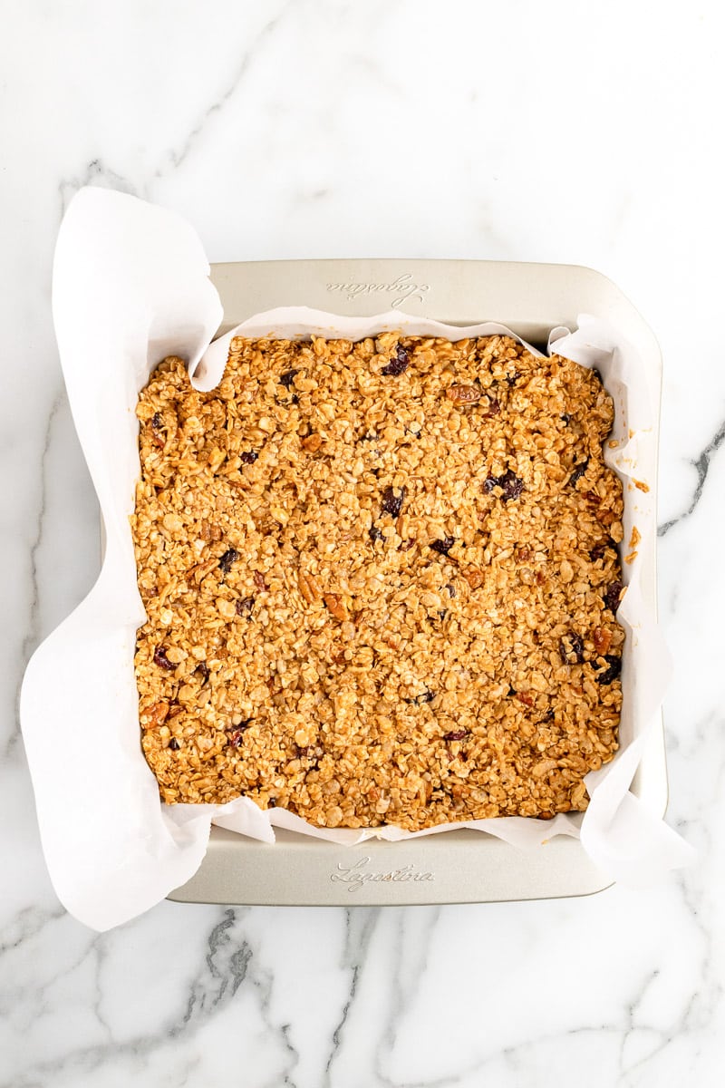 vegan granola bars uncut in baking pan