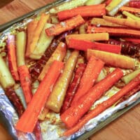 vegan glazed carrots on a sheet pan