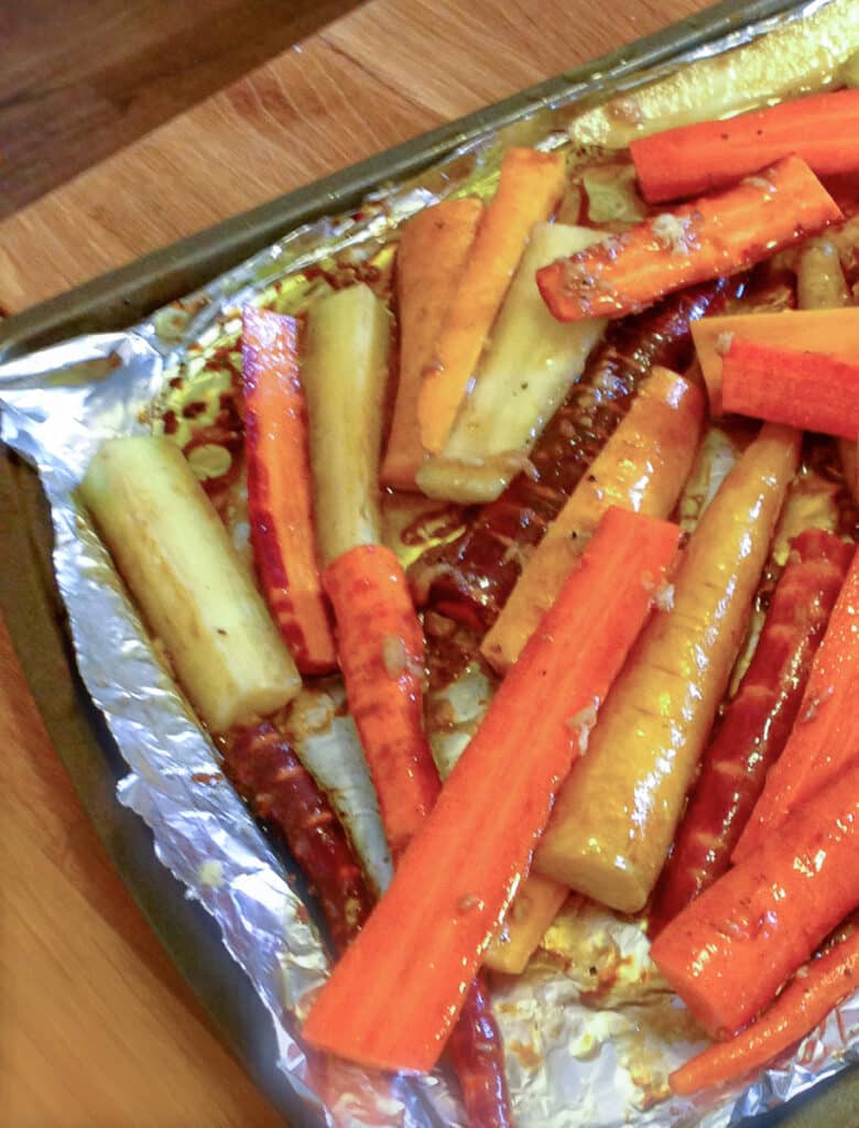 vegan glazed carrots on a sheet pan