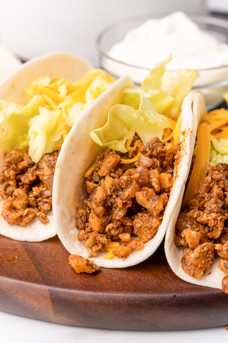 close up of tacos made with vegan walnut taco meat 