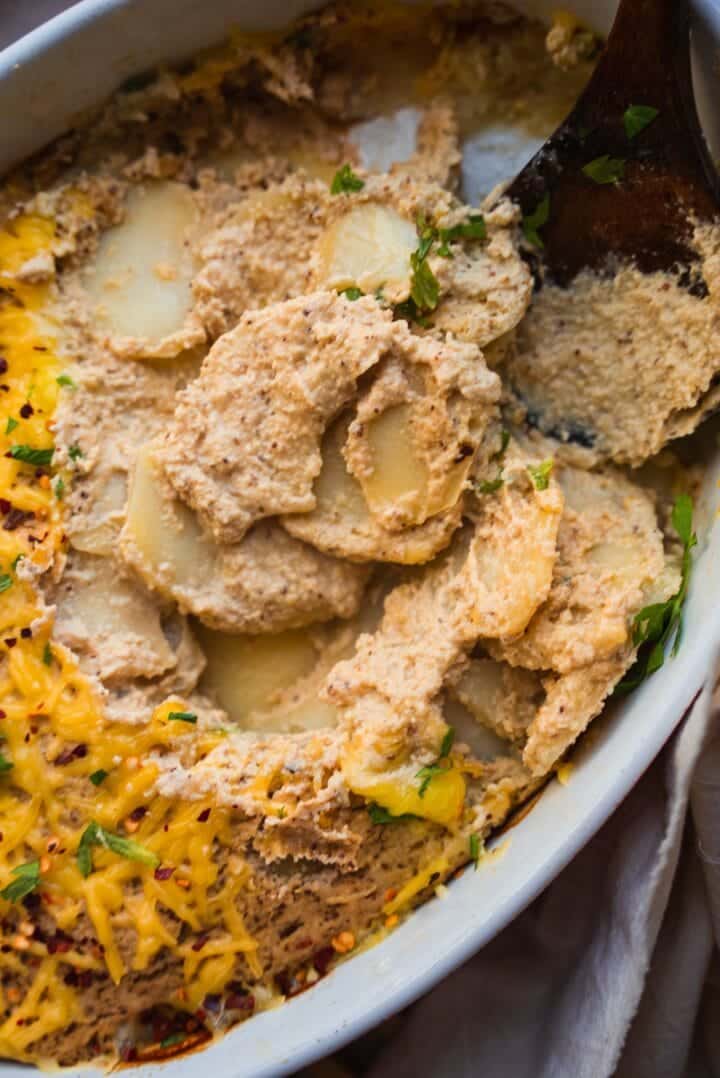 Dairy-free scalloped potatoes in a baking dish