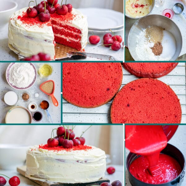  collage of images showing someone making a vegan red velvet cake