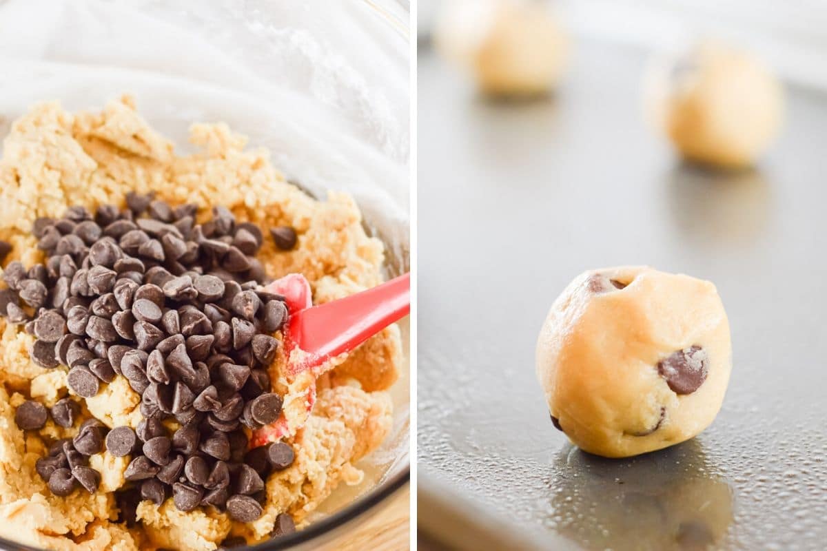 collage of images showing how vegan chocolate chip cookies are made. one is stirring the dough and one is placing the cookies on a baking sheet