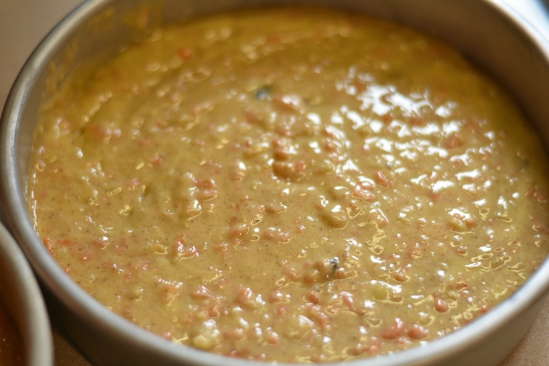 mixing up the vegan carrot cake batter in one bowl