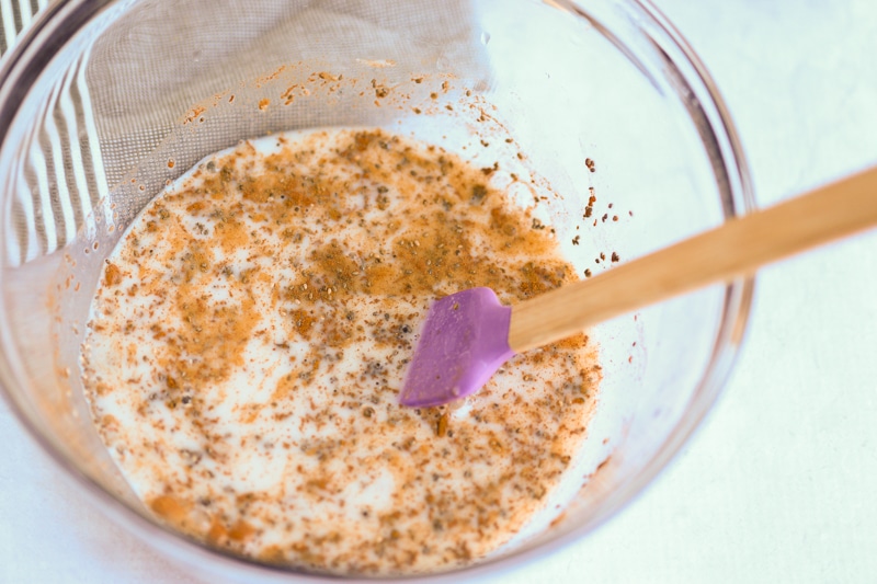 chia seeds and non dairy milk mixture for vegan french toast soaking to a thick batter