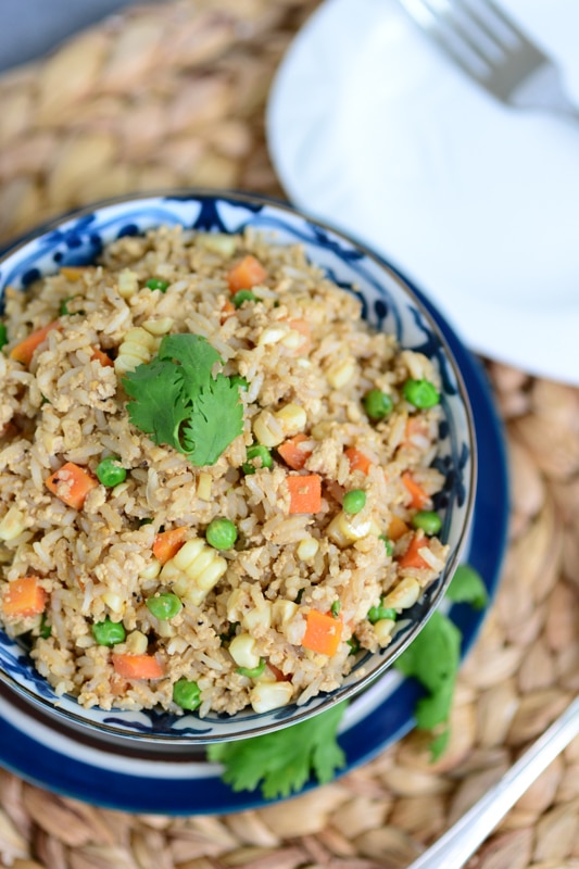 vegan fried rice in a blue serving dish