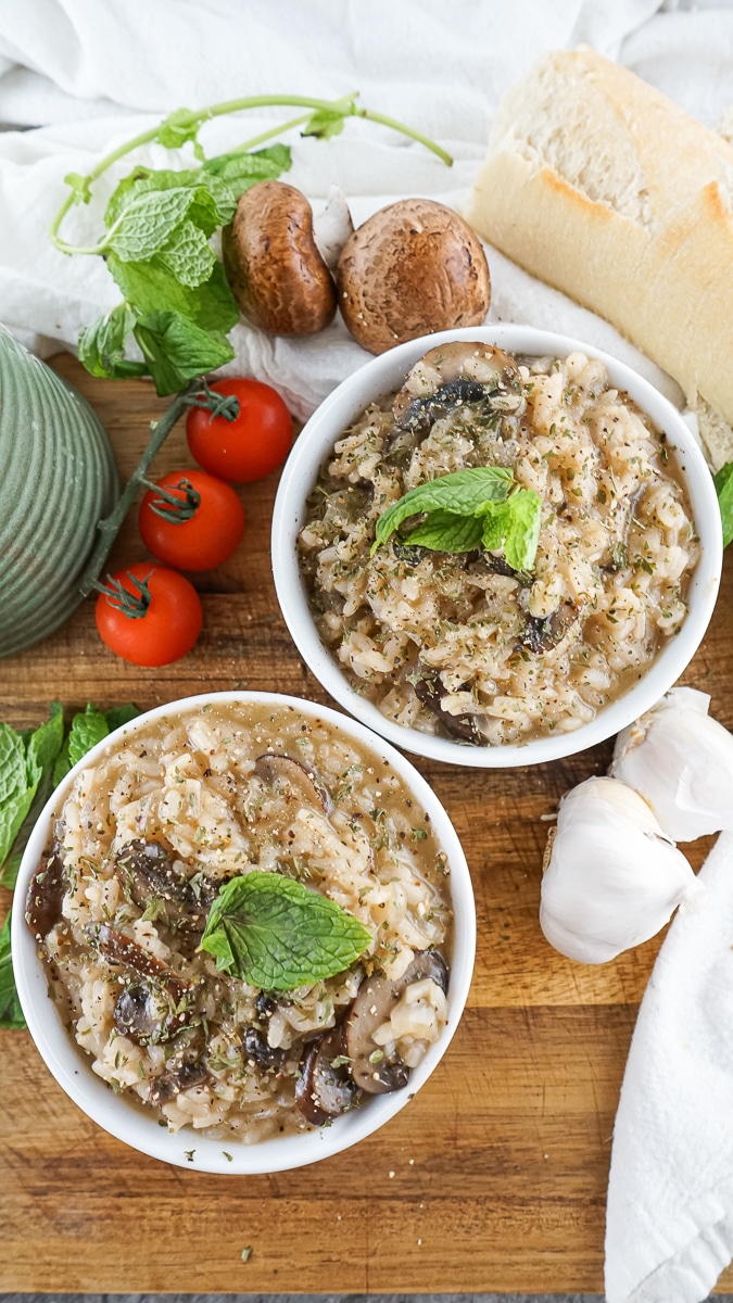 two bowls of vegan mushroom risotto