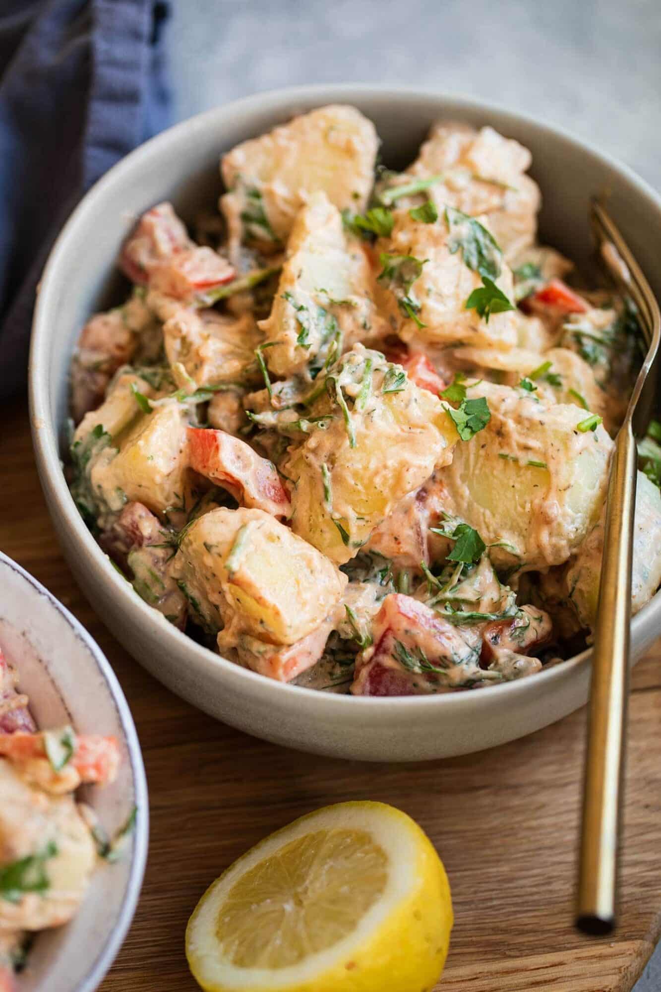 Bowl of vegan potato salad