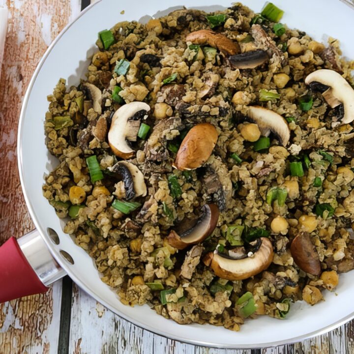 Cauliflower fried rice with mushrooms and chickpeas