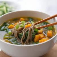 Miso butternut squash soup with soba noodles, spinach, and chopsticks