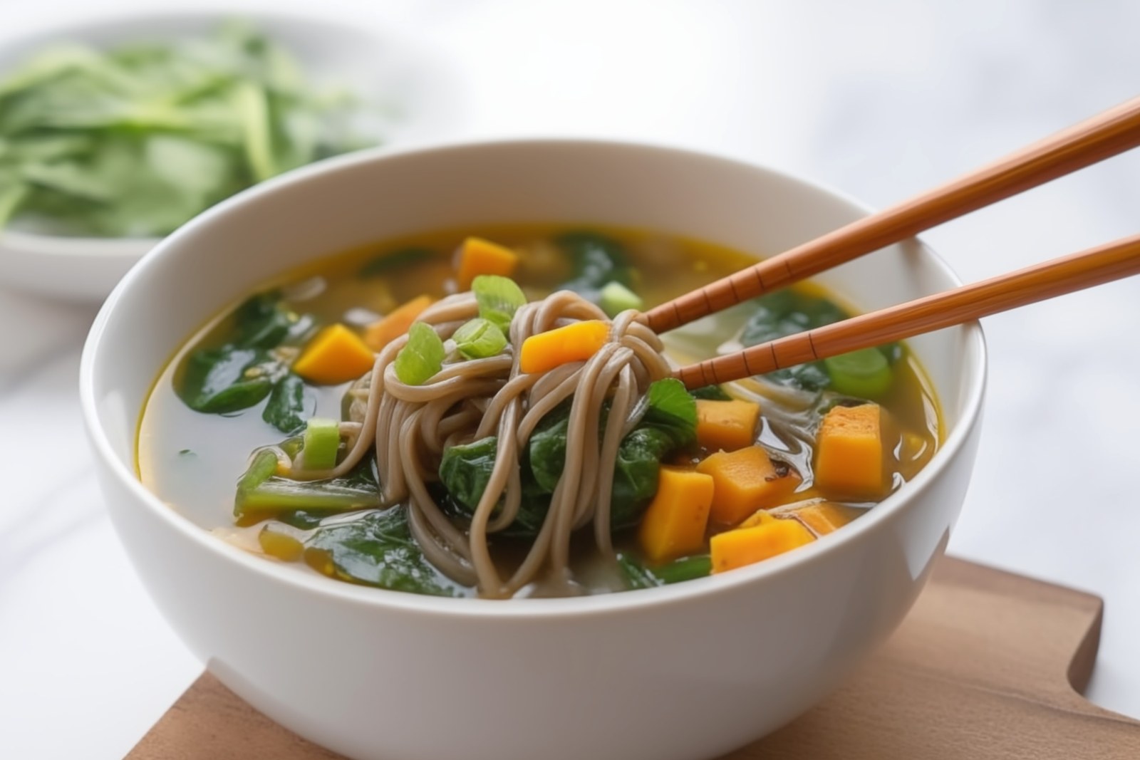Miso butternut squash soup with soba noodles, spinach, and chopsticks