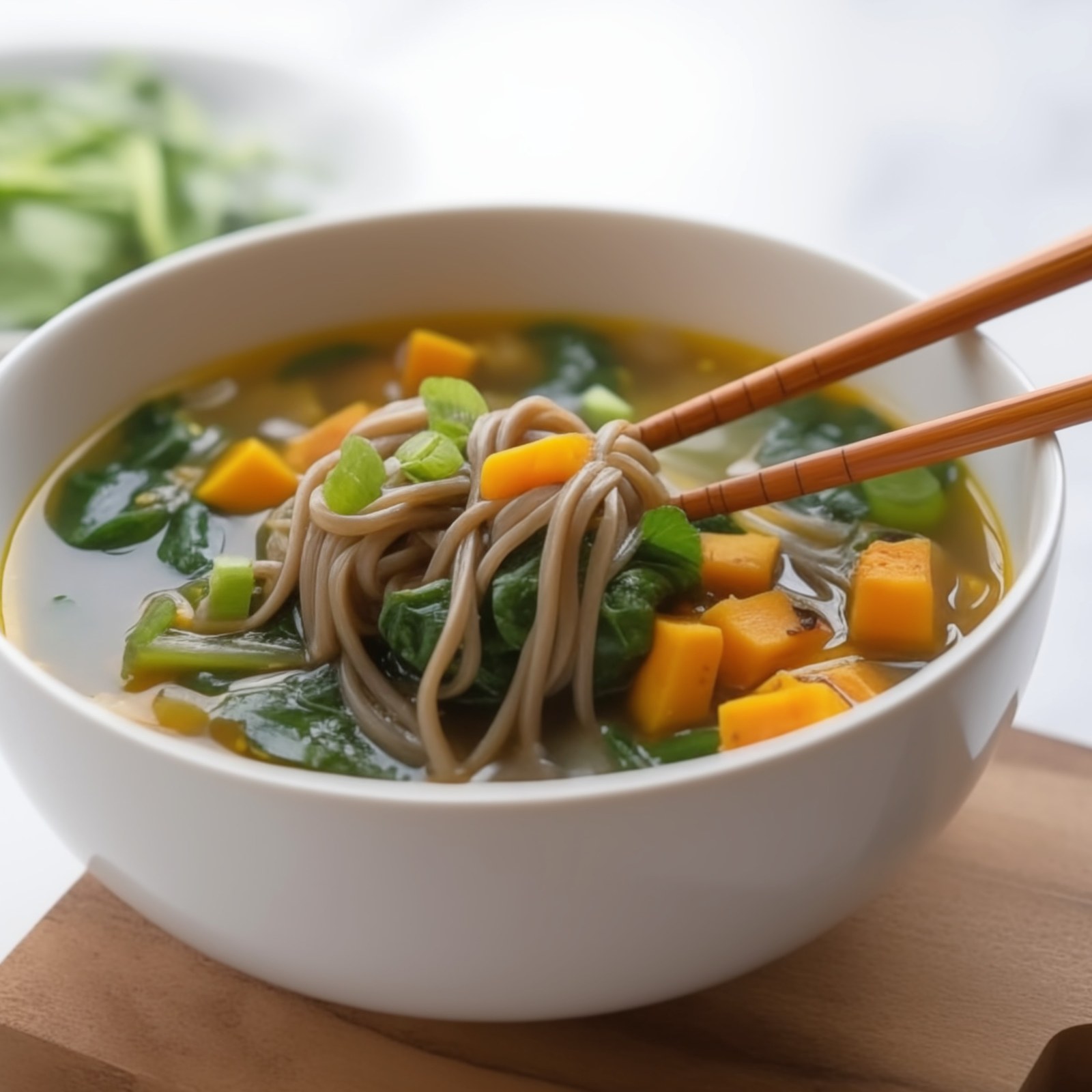 Miso butternut squash soup with soba noodles and fresh greens