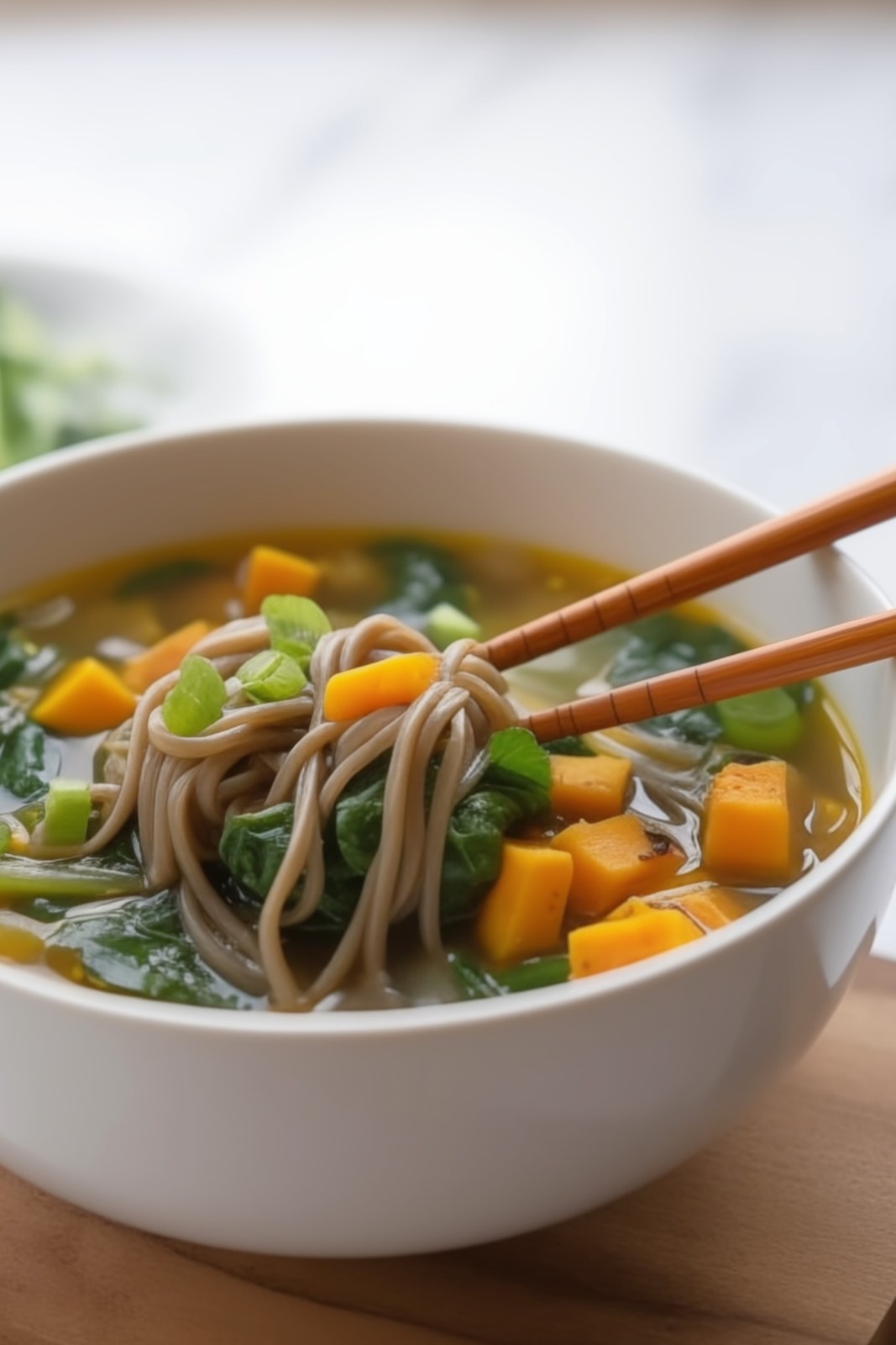 Bowl of vegan miso butternut squash noodle soup with chopsticks