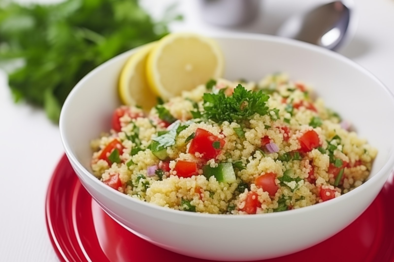 Tabbouleh salad with bulgur, tomatoes, parsley, and lemon