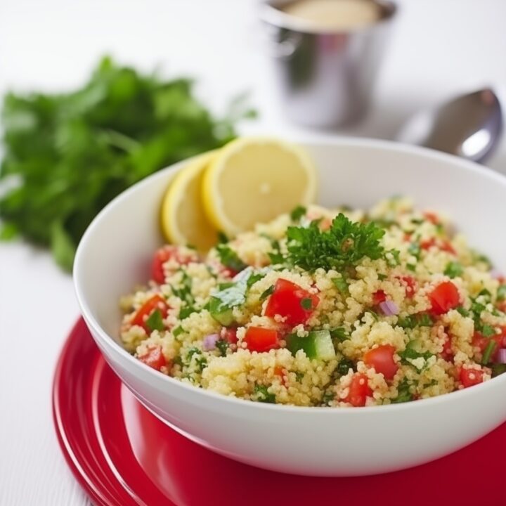Tabbouleh salad with parsley, tomatoes, and lemon wedge