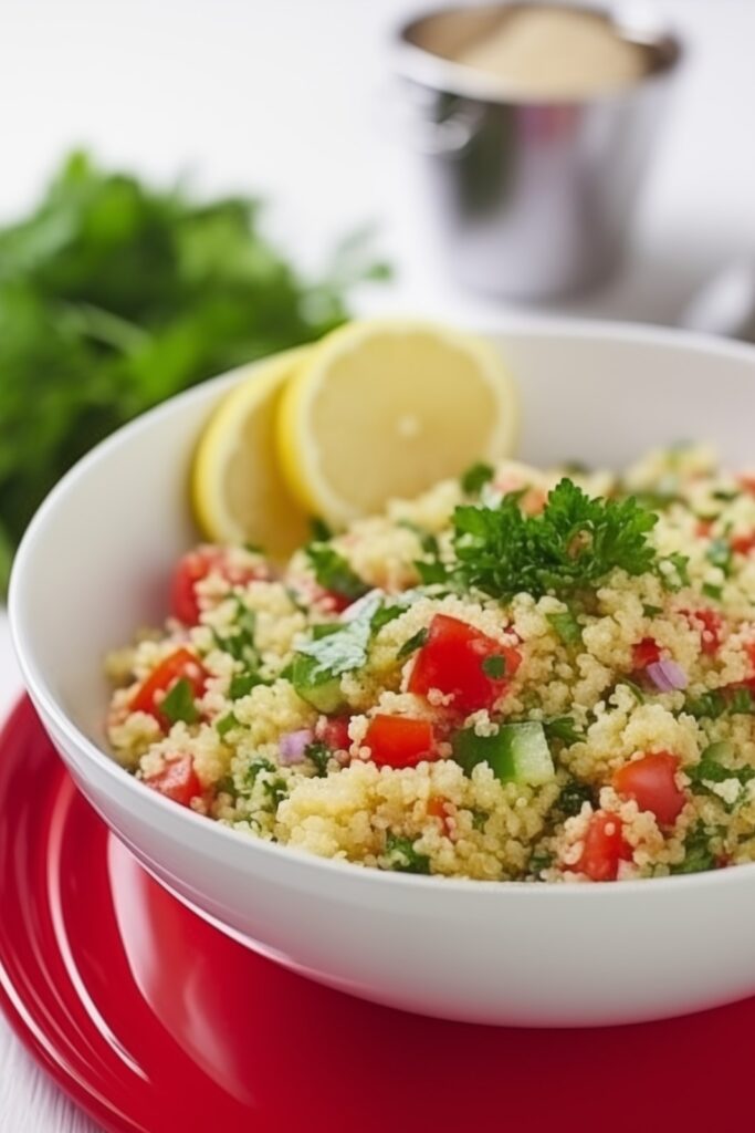 Vegan tabbouleh salad in a white bowl with fresh herbs and lemon