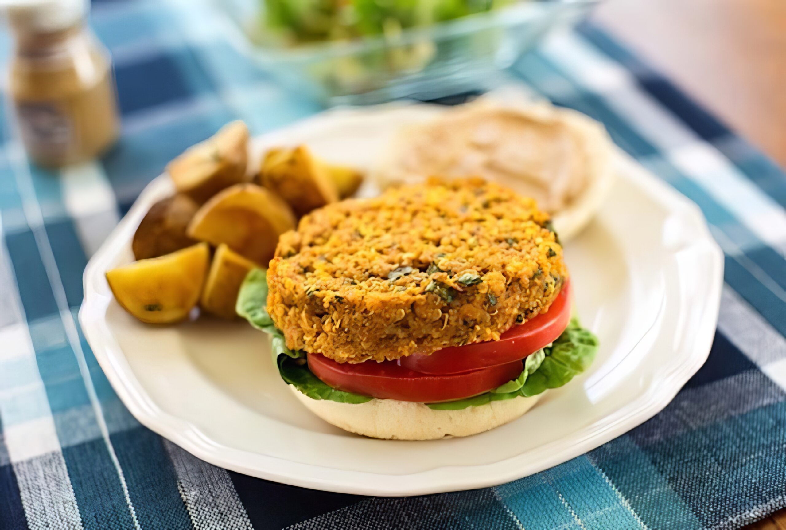 Quinoa and red lentil veggie burgers on a plate